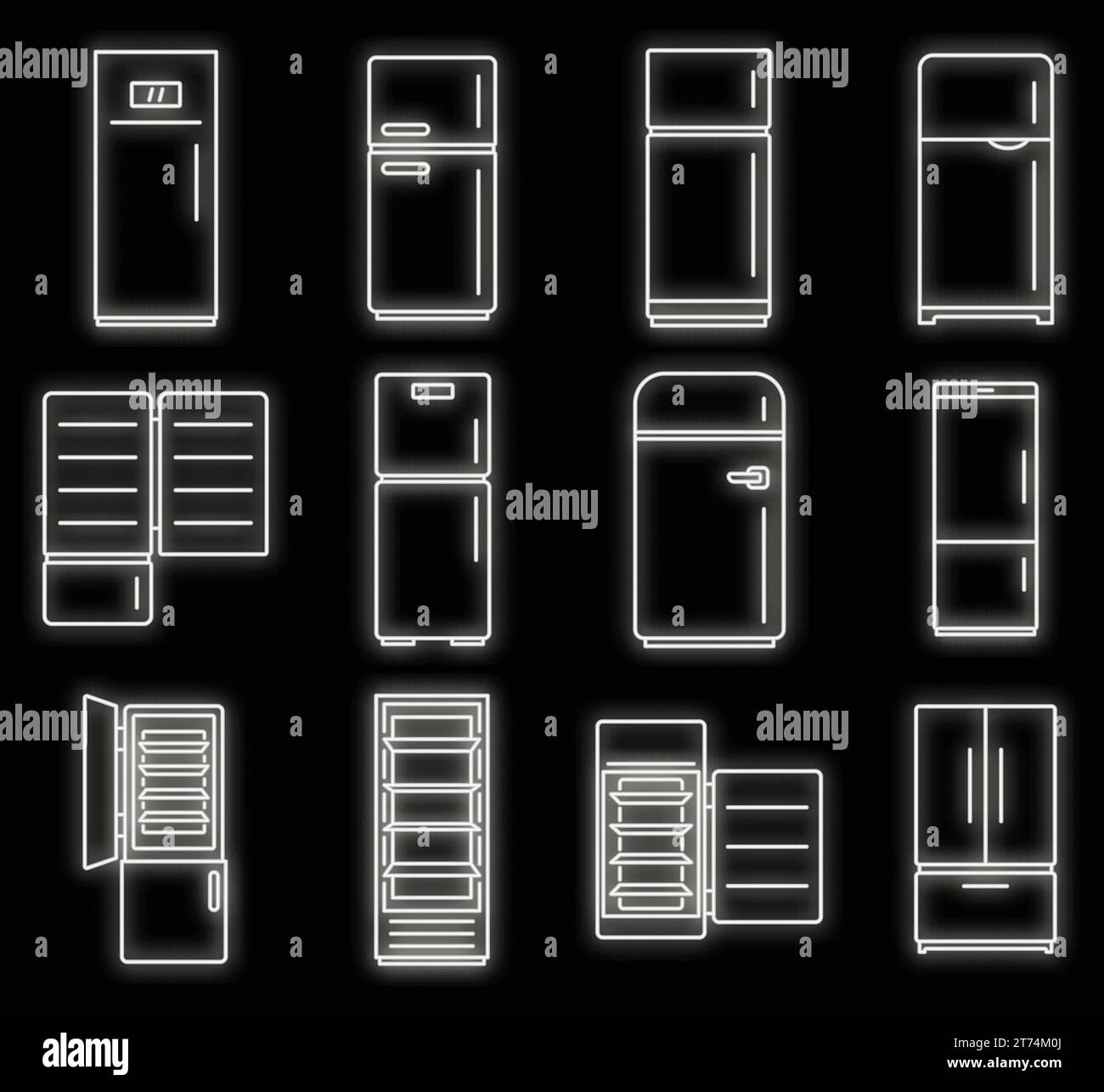 Modern fridge icons set. Outline set of modern fridge vector icons neon color on black Stock Vector
