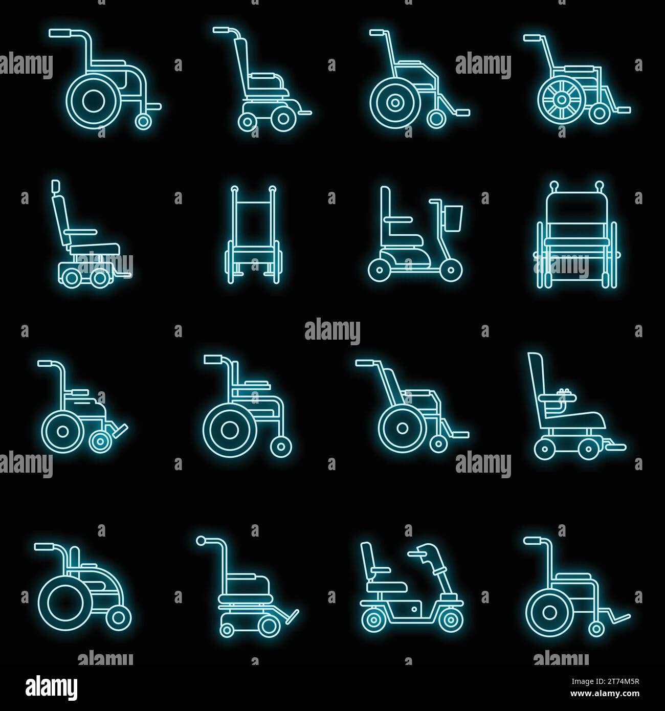Human wheelchair icons set. Outline set of human wheelchair vector icons neon color on black Stock Vector