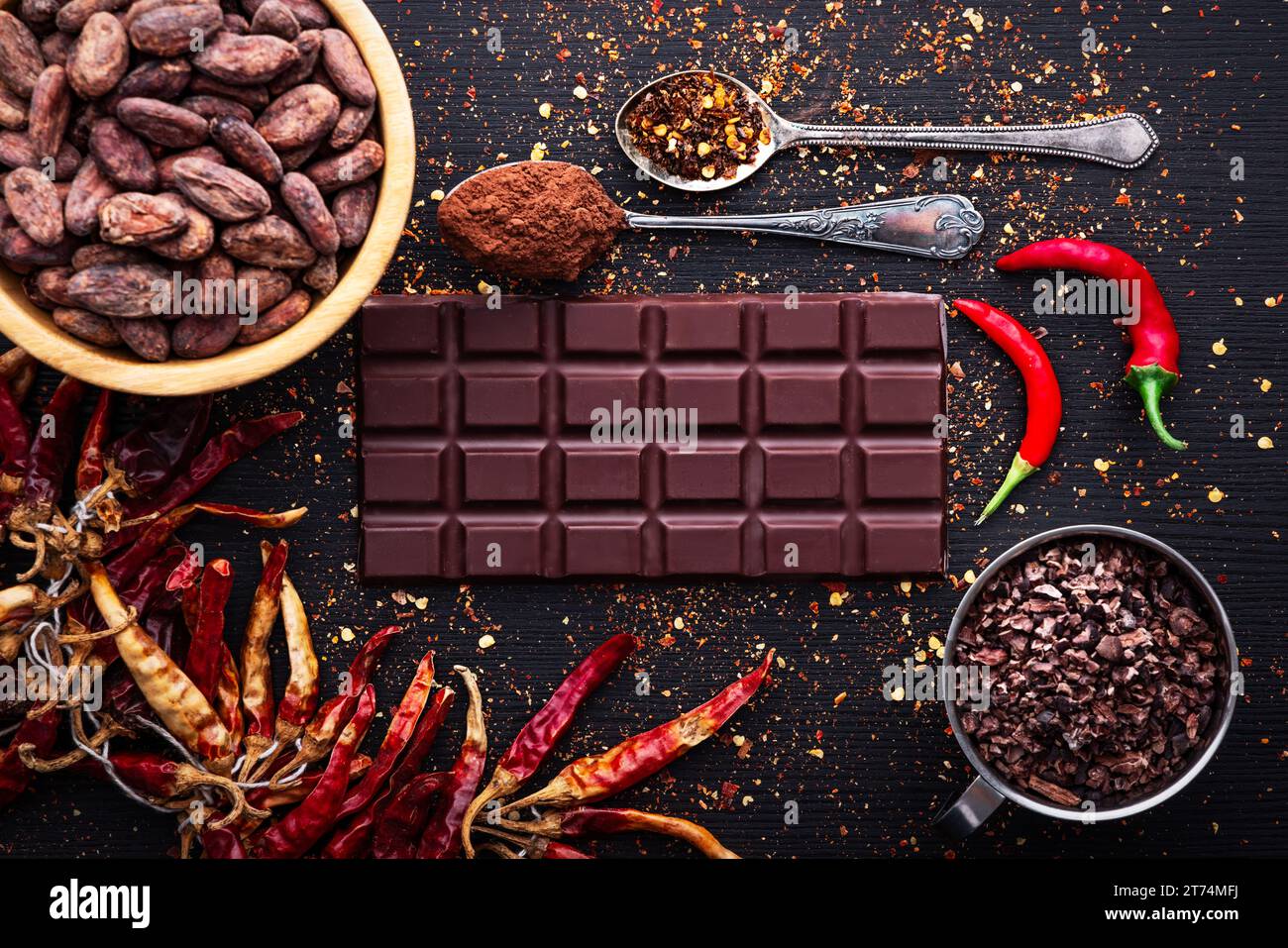 Dark chocolate bar, red hot chilli pepper cayenne, dry hot chili spices