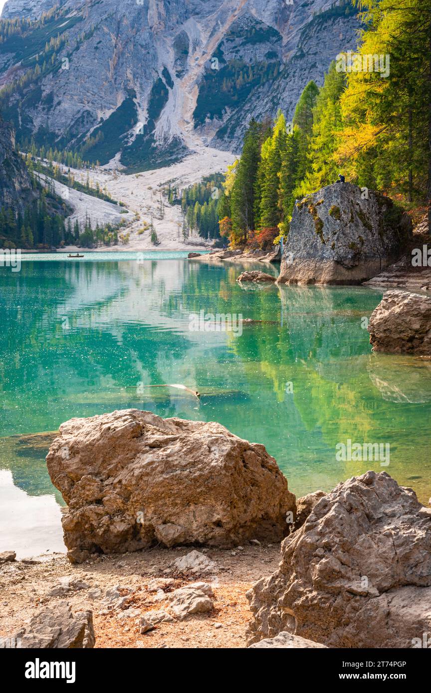 Turquoise colored lake Braies (Pragser Wildsee) in Italy's Dolomite mountains in autumn. Stock Photo