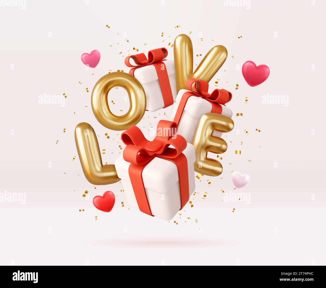 3D Valentines Day gift boxes with red bows. Gold word Love realistic on ...