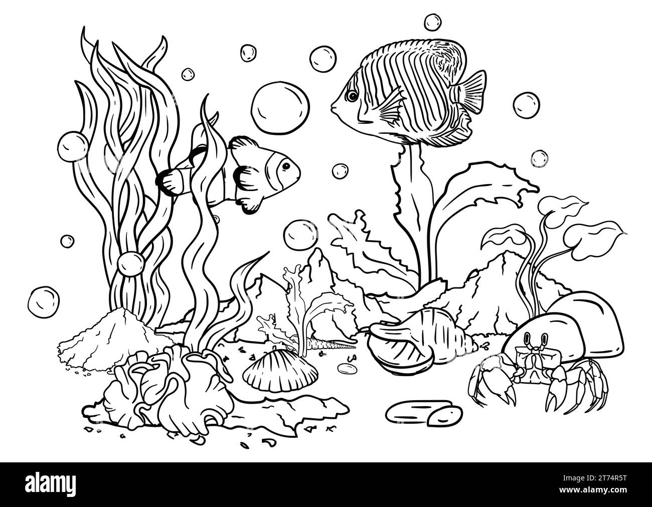 Vector illustration of a coloring book of the underwater world with ...