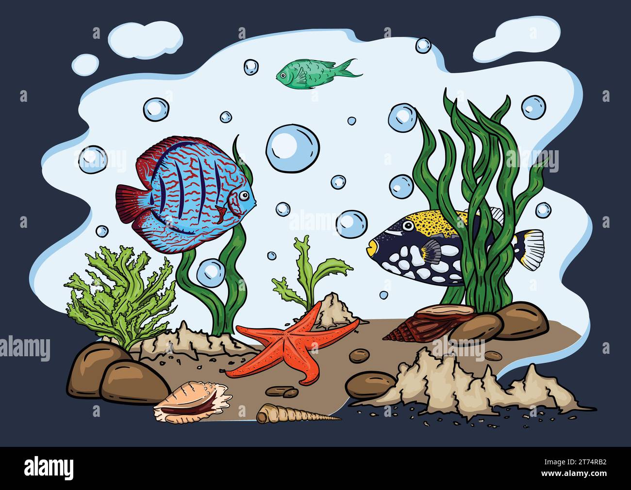 Bright vector illustration of the underwater world with beautiful fish ...