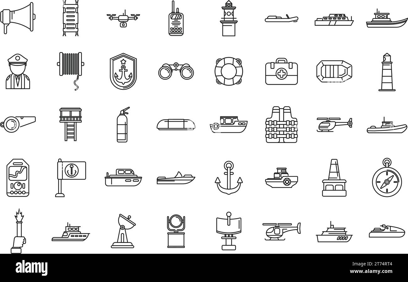 Coast guard icons set outline vector. Sea ship coast. Guard radio Stock
