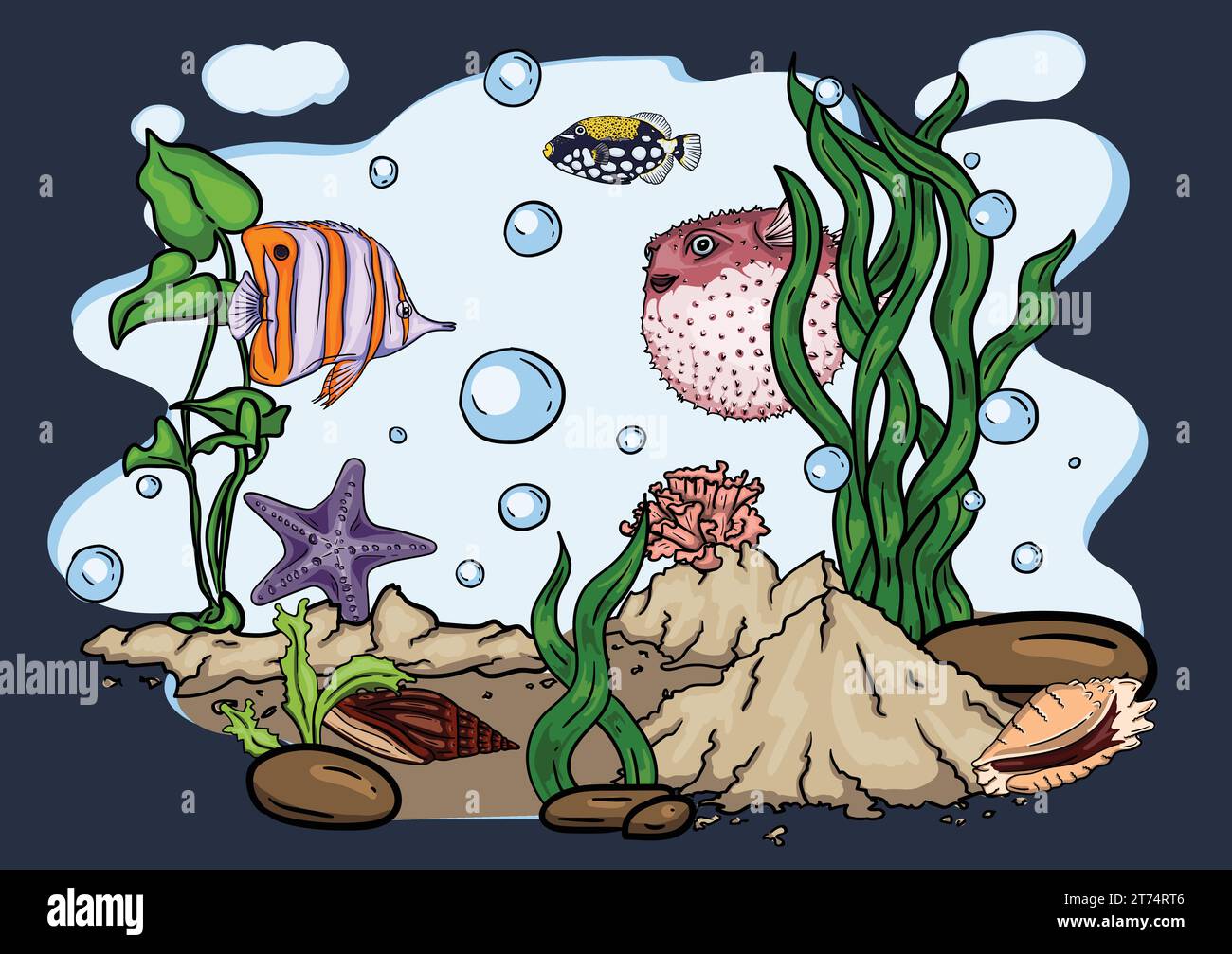 Bright vector illustration of the underwater world with beautiful fish ...