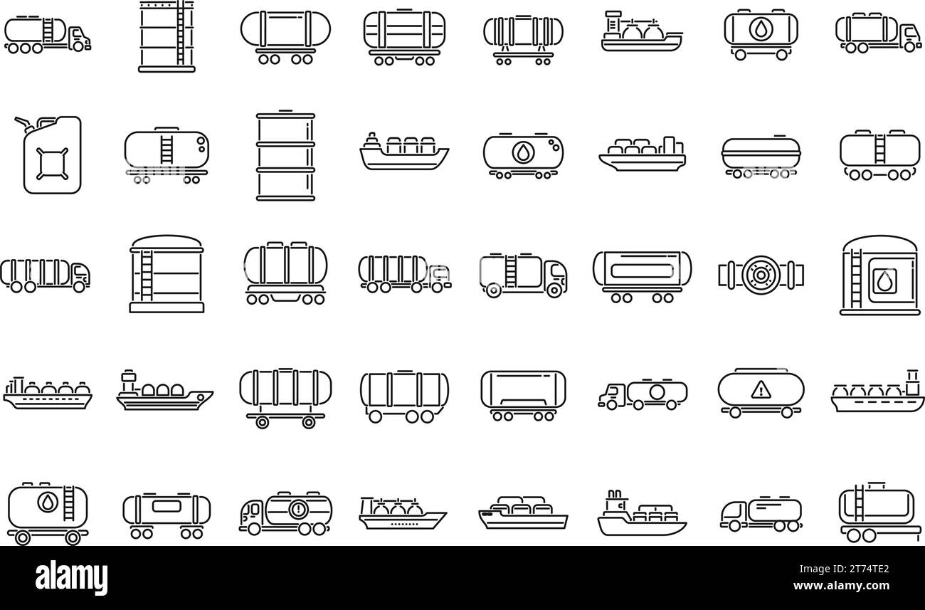 Gasoline tanker icons set outline vector. Oil ship fuel. Cargo industry Stock Vector