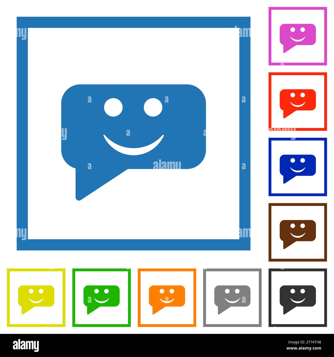 Rounded square smiling chat bubble solid flat color icons in square frames on white background Stock Vector