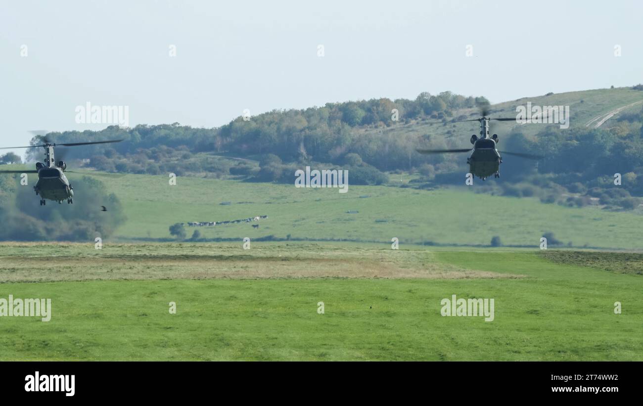 A pair of RAF Boeing Chinook tandemrotor CH47 helicopters