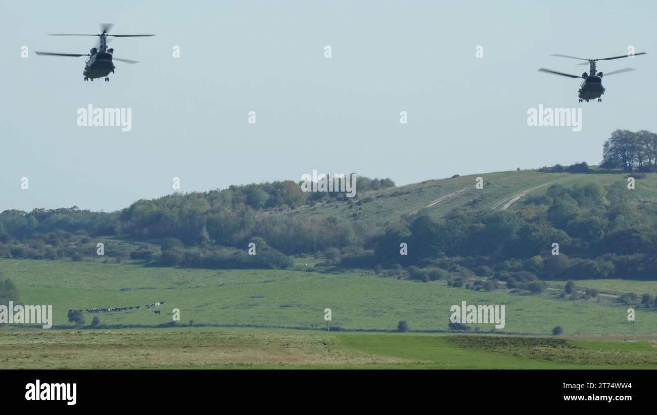 A pair of RAF Boeing Chinook tandemrotor CH47 helicopters