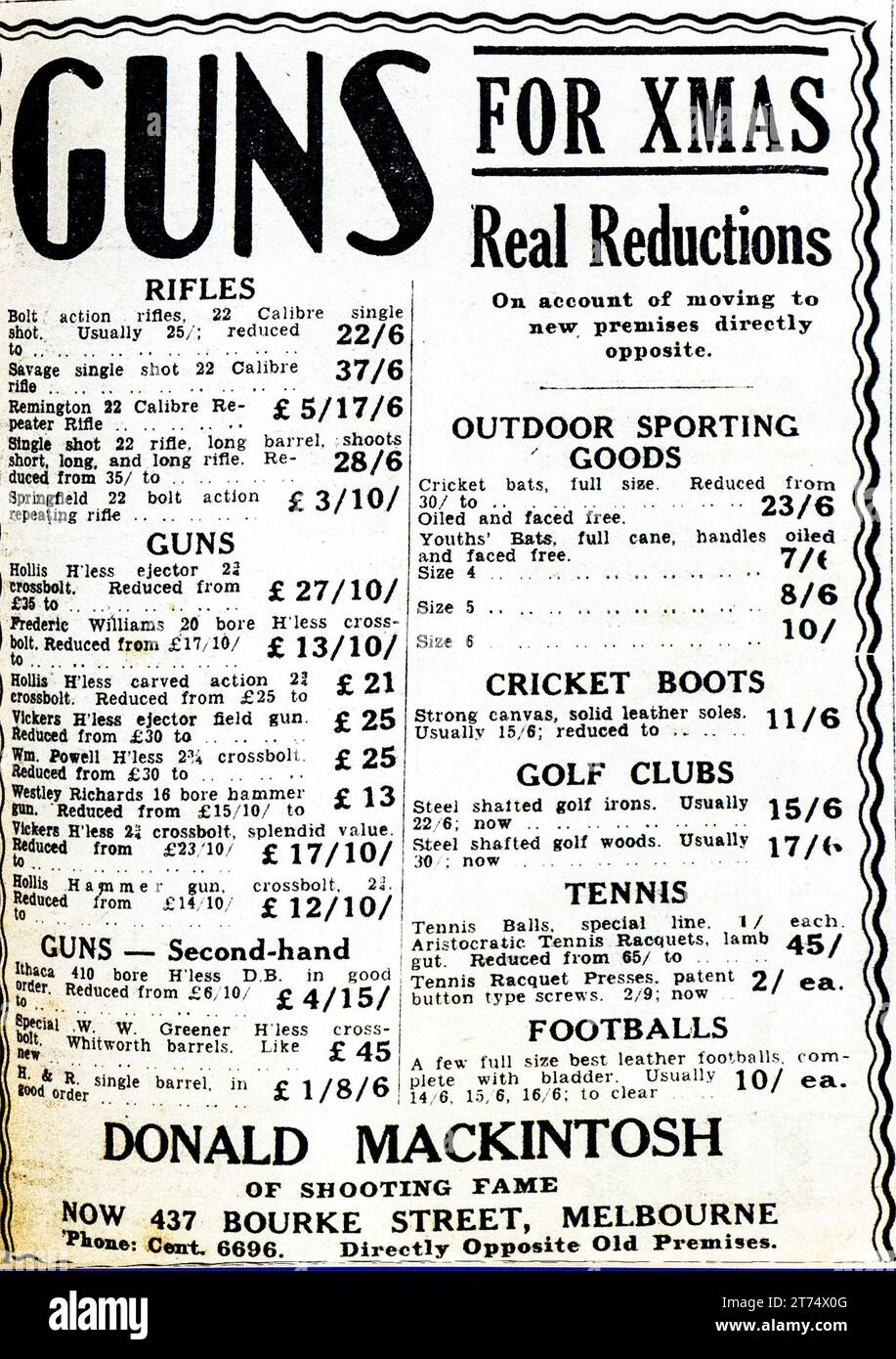 Vintage 1934 Sporting Goods Advertisement, A classic monochrome ad for discounted guns and sports equipment for Christmas for a business in Melbourne Australia. Stock Photo