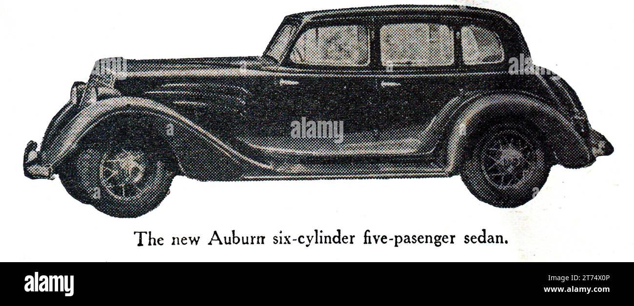 A vintage 1934  Australian advertisement showing an illustration of a a classic Auburn six-cylinder five-passenger sedan Stock Photo