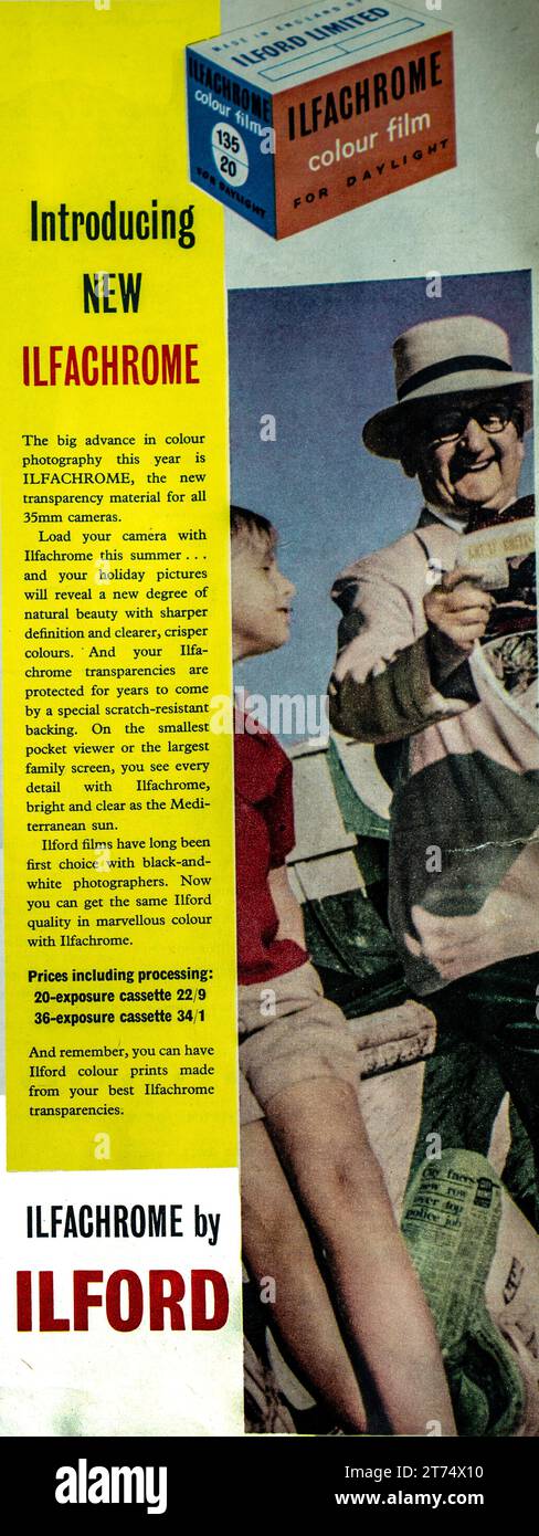 Retro 1954 advertisement for Ilford Ilfachrome color film, featuring a man and child enjoying film photography Stock Photo