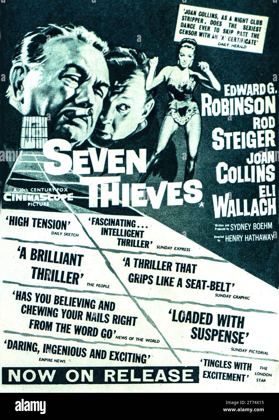 A 1960 advertisement for the film Seven Thieves starring  Edward G Robinson, Rod Steiger, Joan Collins and Eli Wallach. Stock Photo