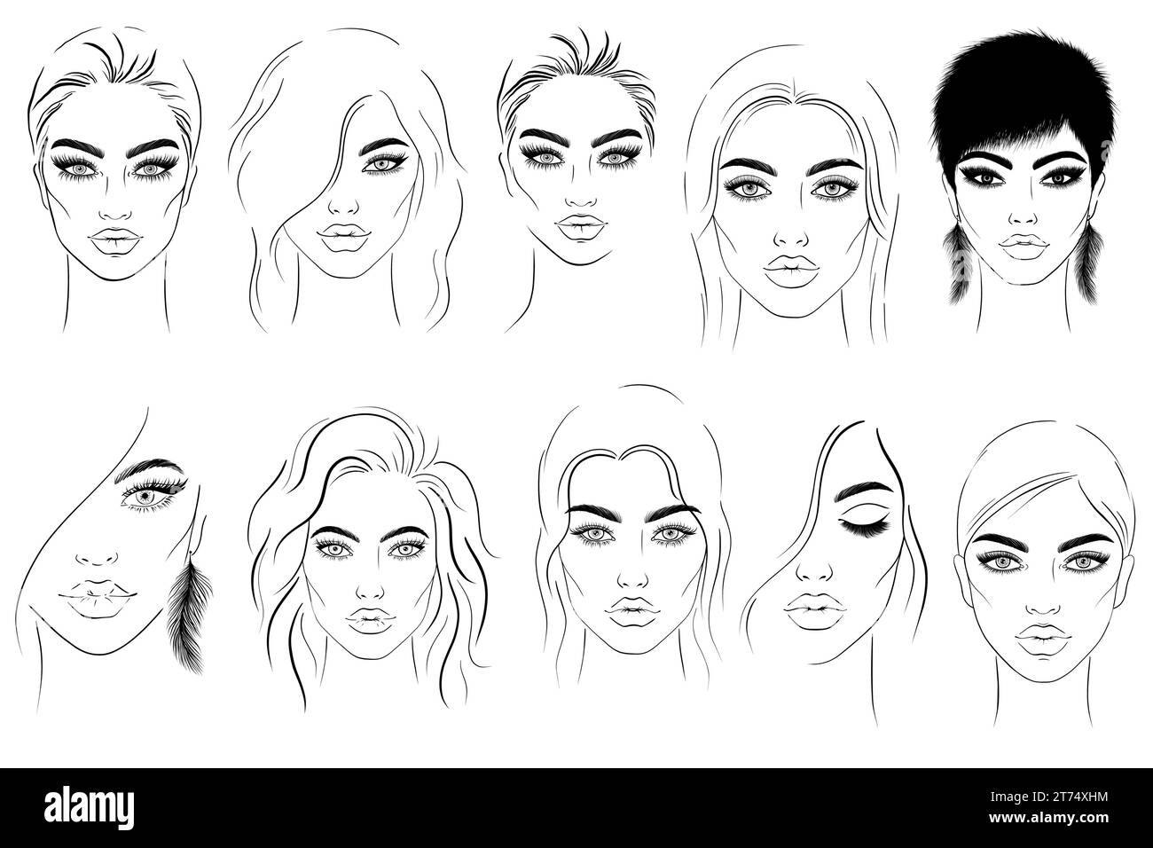 Vector Young woman sketch faces on white background in various themes. Hand drawn illustration. V12 Stock Vector