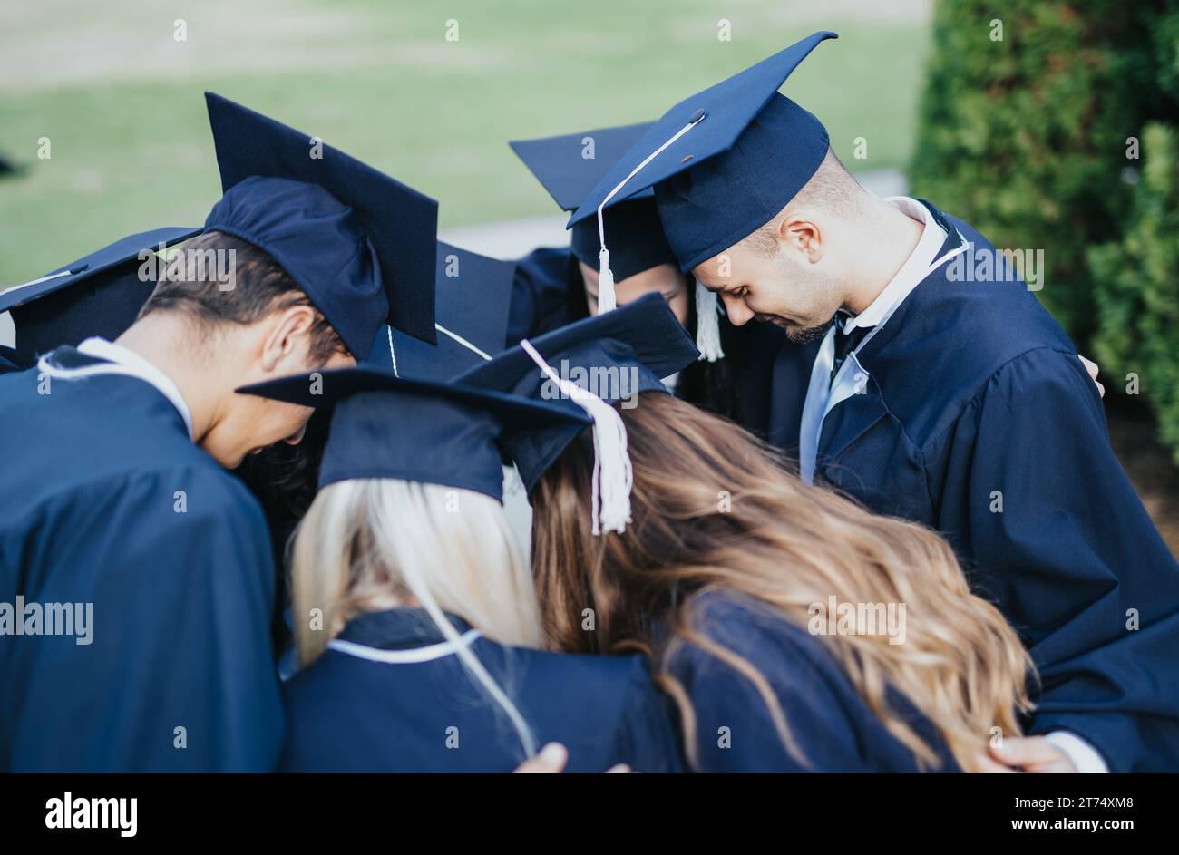 Large group of students wearing gowns and caps talking to each other ...