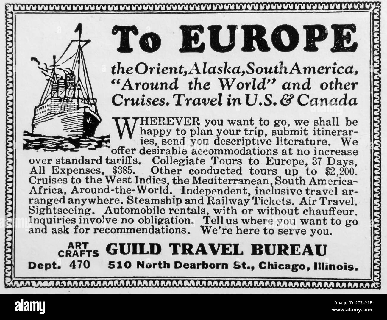 1927 Guild Travel Bureau ad Stock Photo