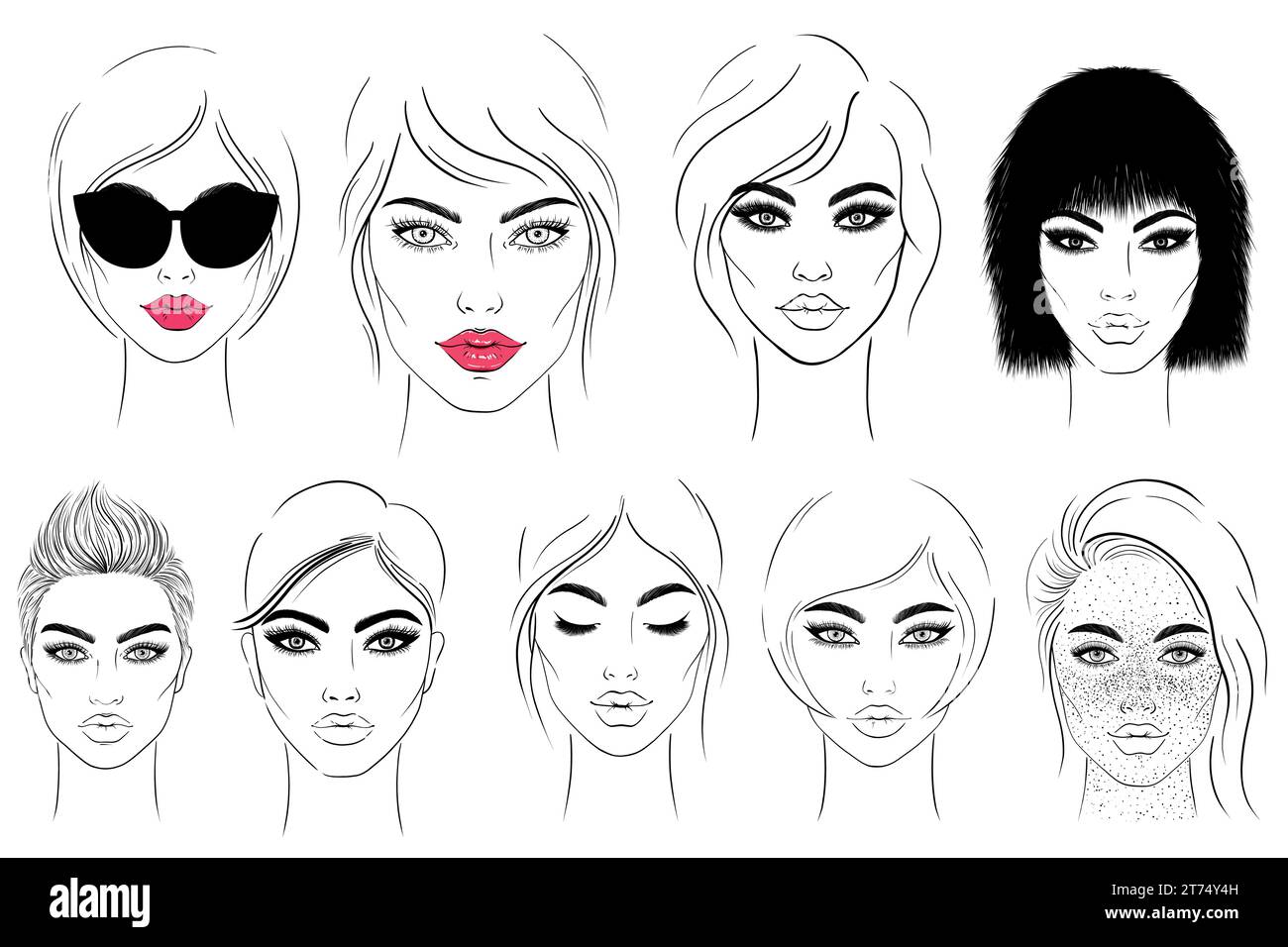 Vector Young woman sketch on white background in various themes. Hand drawn illustration. V13 Stock Vector