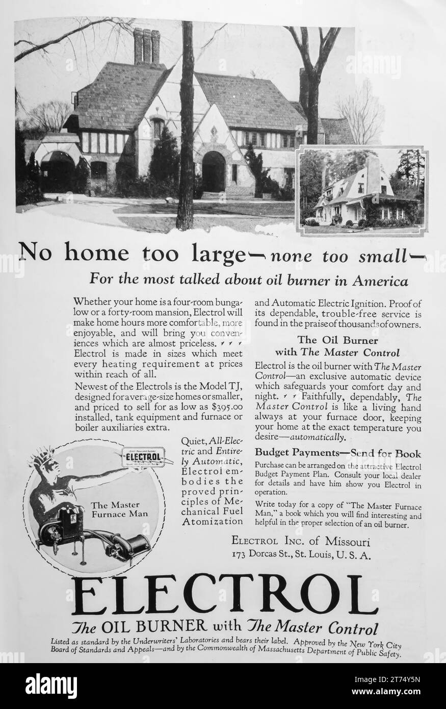 1927 Electrol Oil Burner Ad. St Louis Missouri Stock Photo