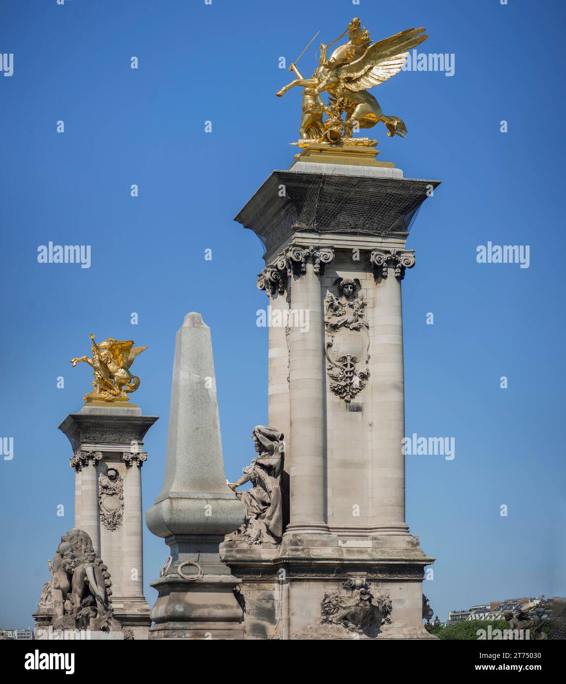 Columns and gilded sculptures on the Pont Alexandre III, Paris, France Stock Photo