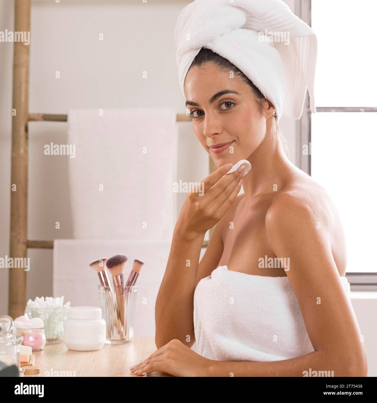Side view woman wearing towels Stock Photo