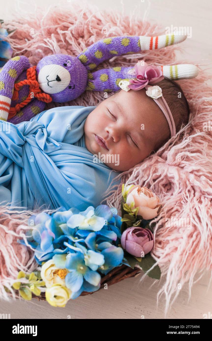 Sweet baby dreaming basket Stock Photo