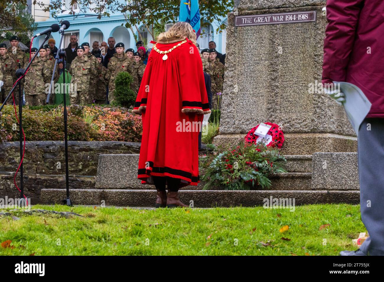 Falmouth remembers the Fallen on remembrance day 2023 with a parade of military forces and wreath laying ceremony at Kimberly Park. Stock Photo