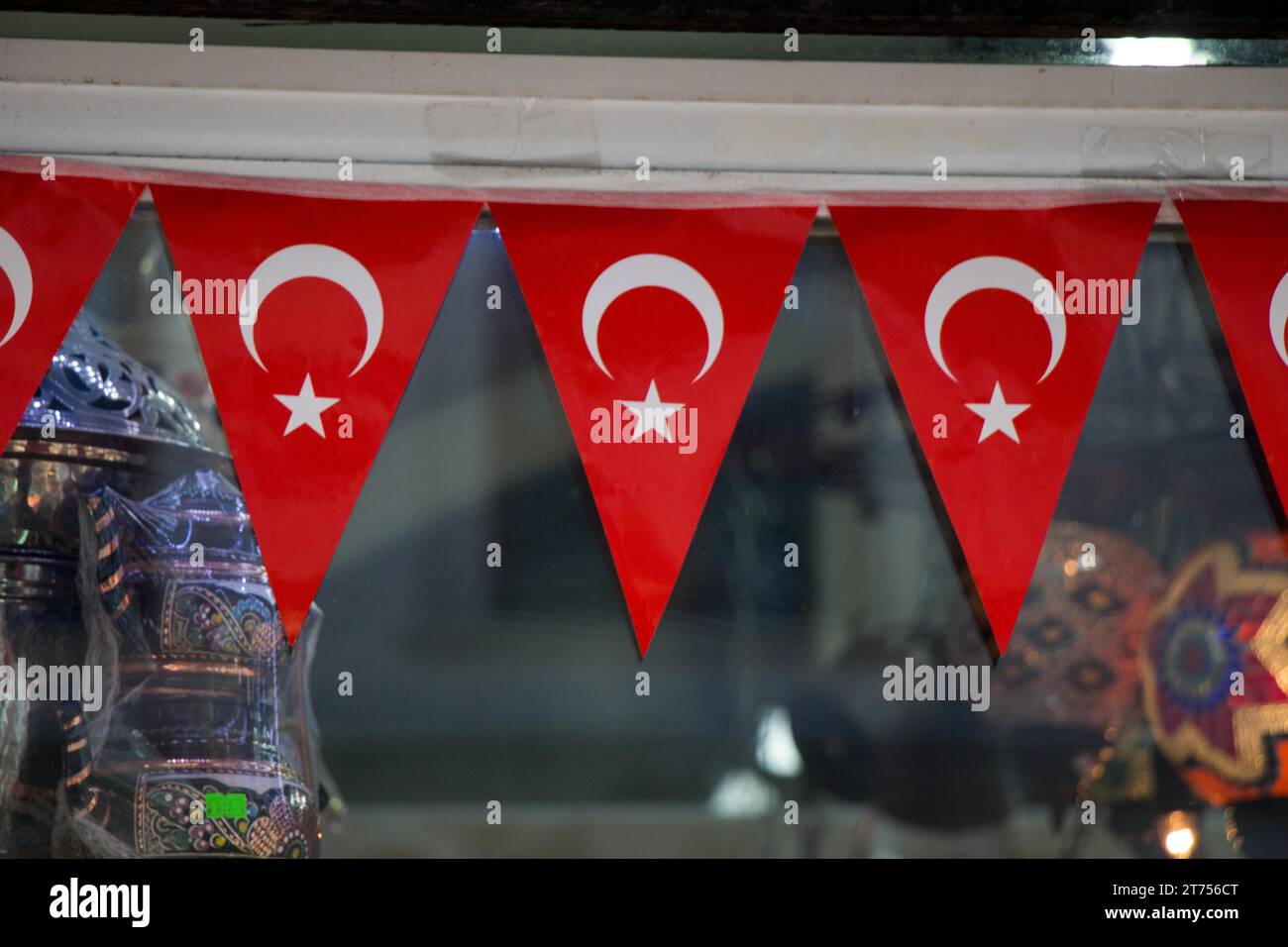 Turkish National Flag Hang on a Rope in the Street Stock Image