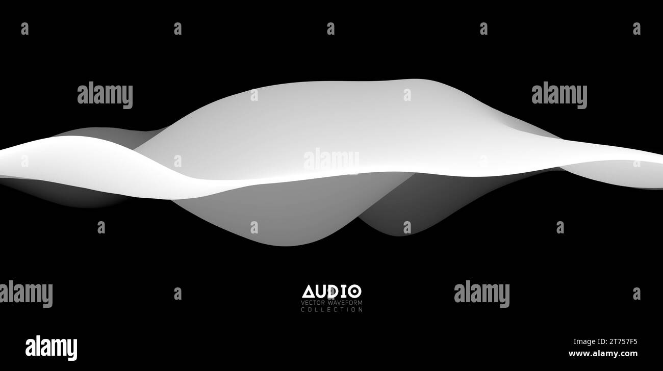 Sound wave visualiztion. 3D black and white solid waveform. Voice sample pattern. Stock Vector