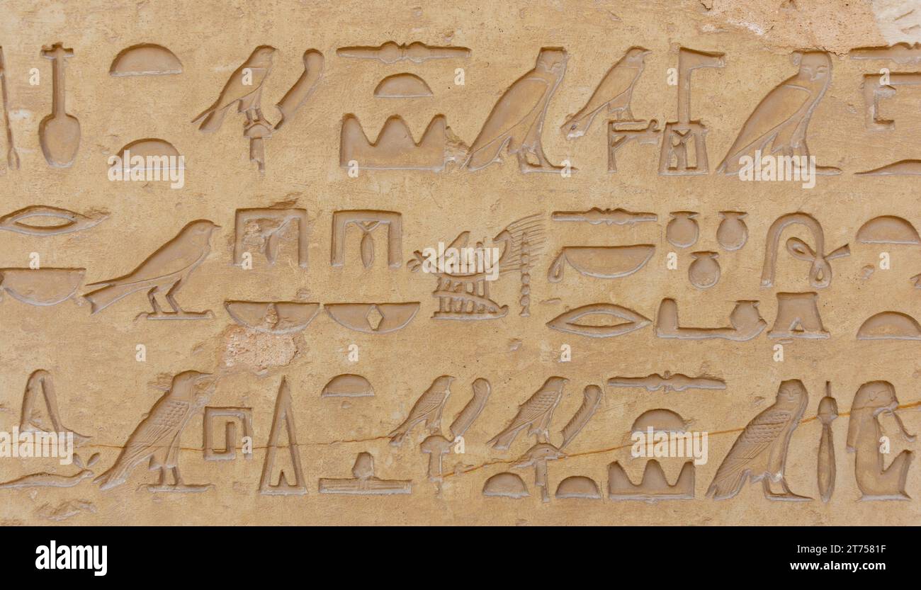 SAQQARA, EGYPT - MARCH 23, 2023:  Ancient Egyp hieroglyphic texts on walls  in the Saqqara necropolis, Egypt Stock Photo