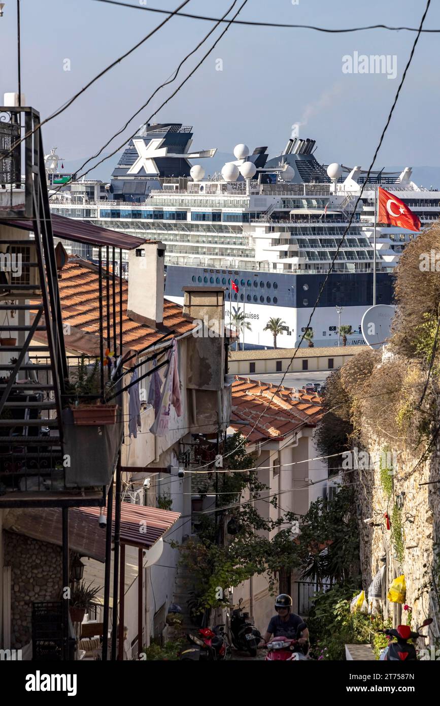 Celebrity Infinity, cruise ship of the shipping company Celebrity Cruises and MSC Musica. Cruise harbour of Kusadasi. The Turkish harbour town of Stock Photo
