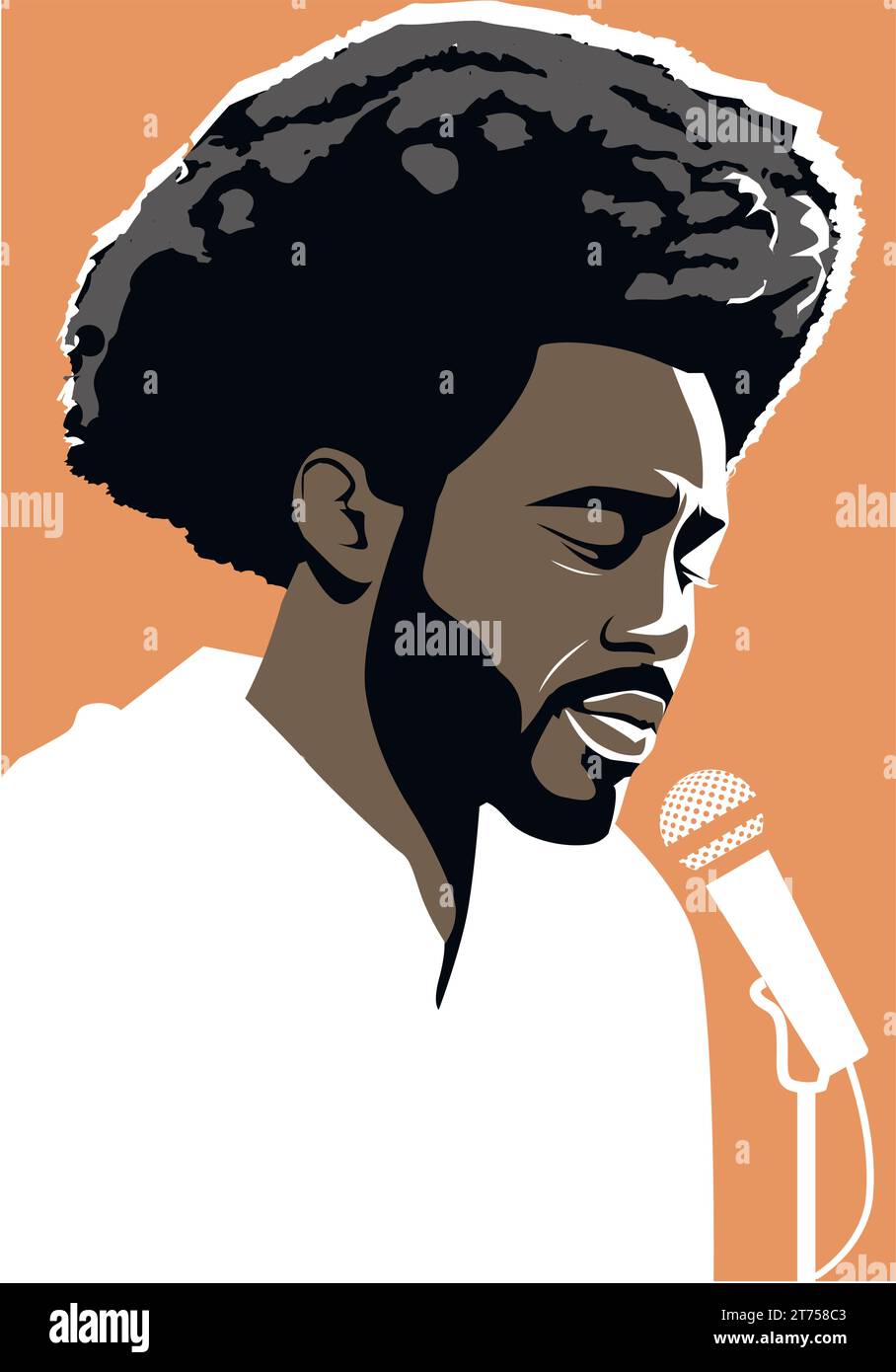 Portrait illustration of handsome Afrodescendent male singer, afro style hair, singing into microphone Stock Vector