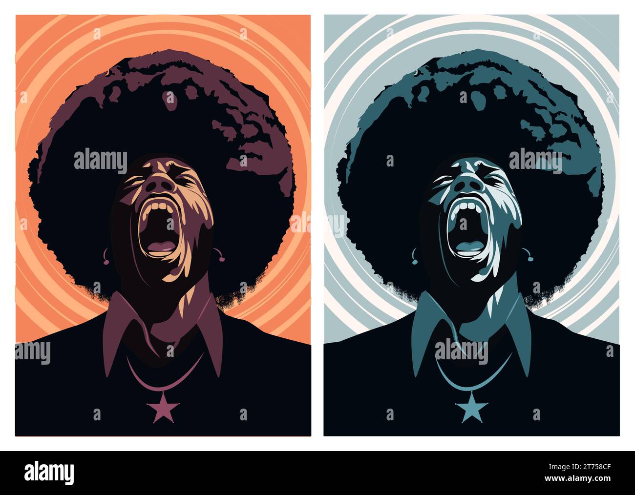 Portrait illustration of African American man looking up, screaming in anger expression, afro style hair, retro 70s Stock Vector
