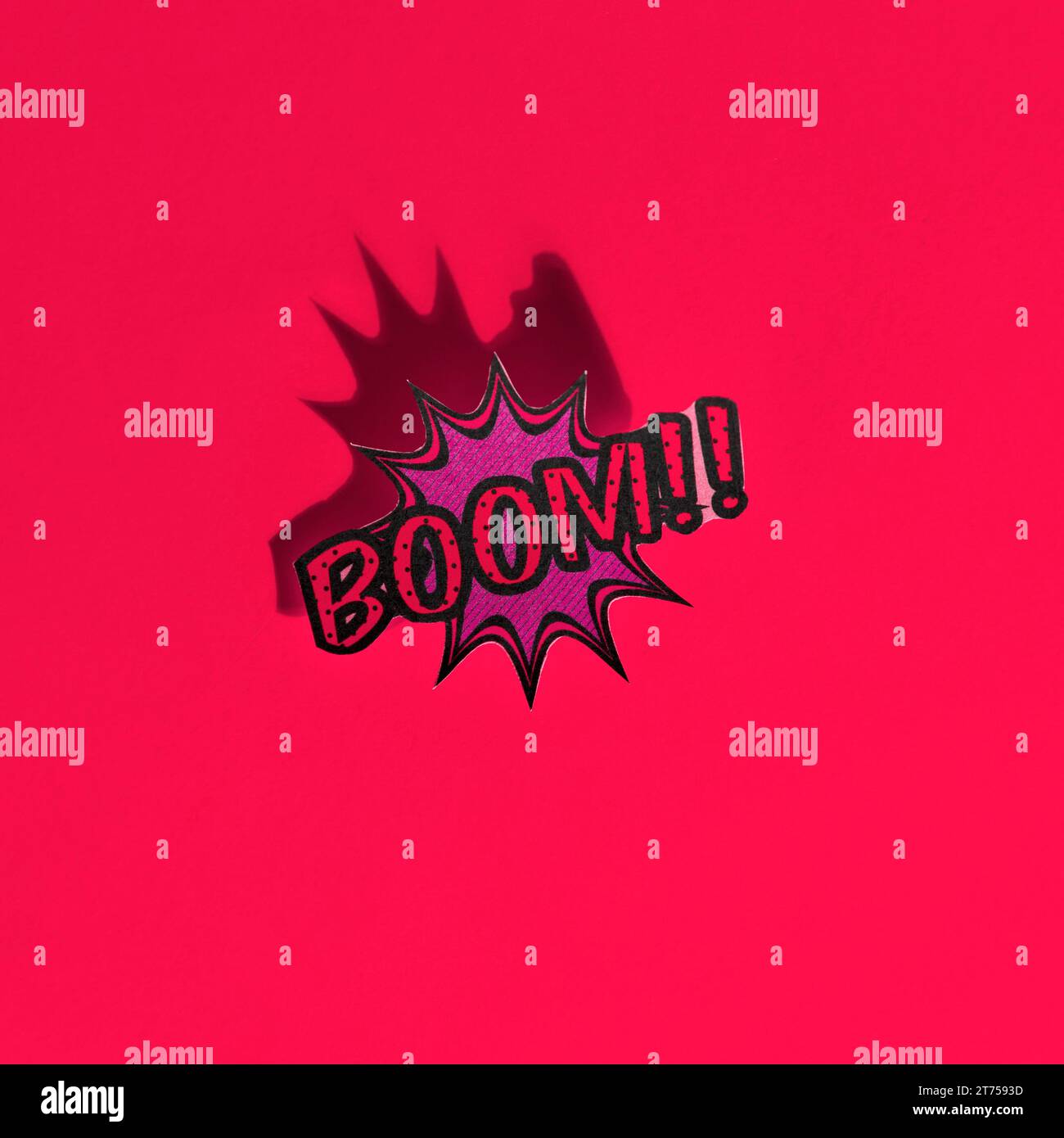 Boom comic text speech bubble pop art style sound effect red backdrop Stock Photo