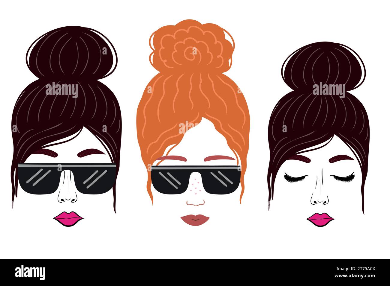 Vector Curly Hair Girl With Sunglasses. Hand drawn illustration collection V14 Stock Vector
