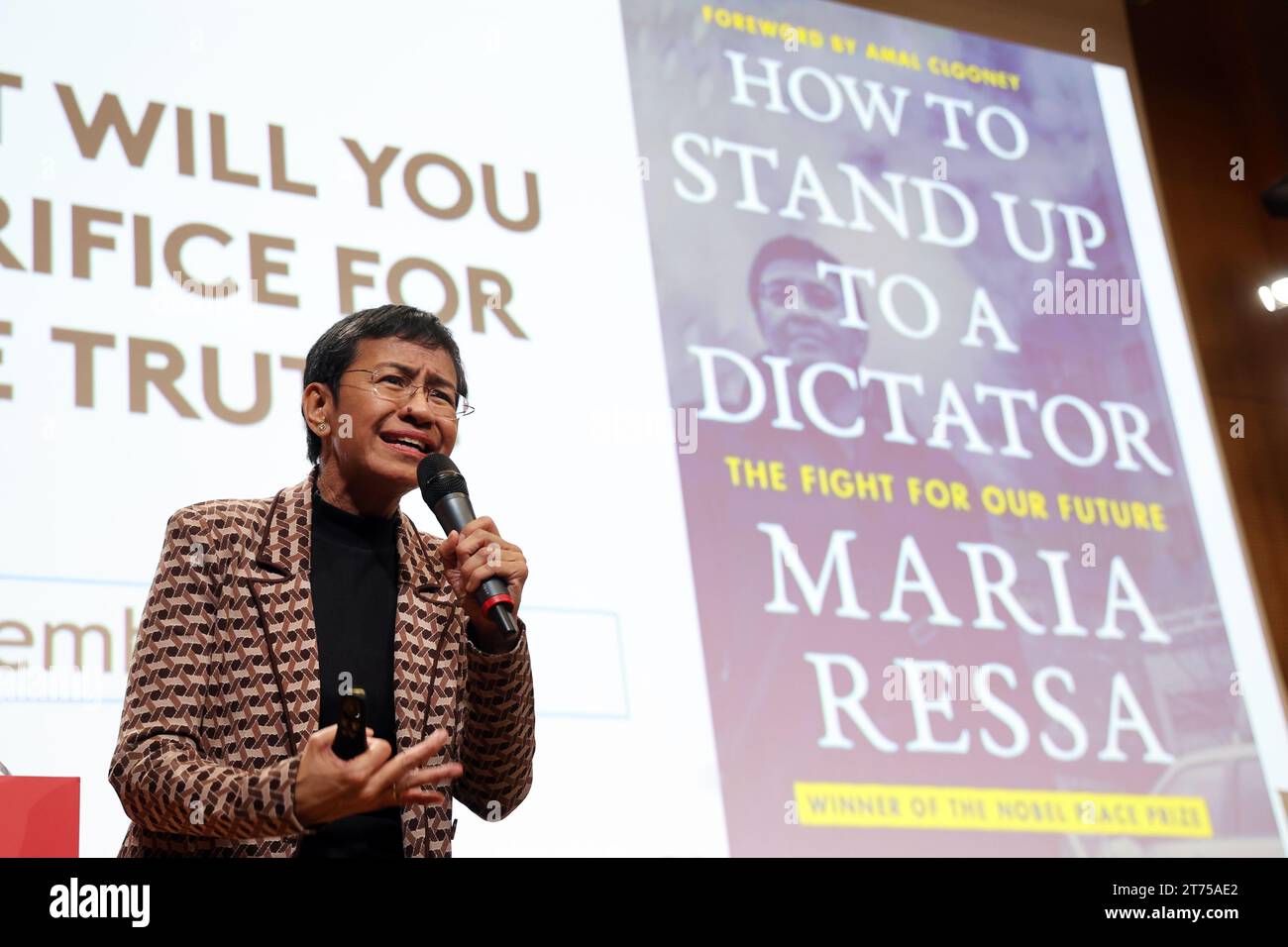 Paris, France. 13th Nov, 2023. Nobel Peace Laureate Maria Ressa speaks ...