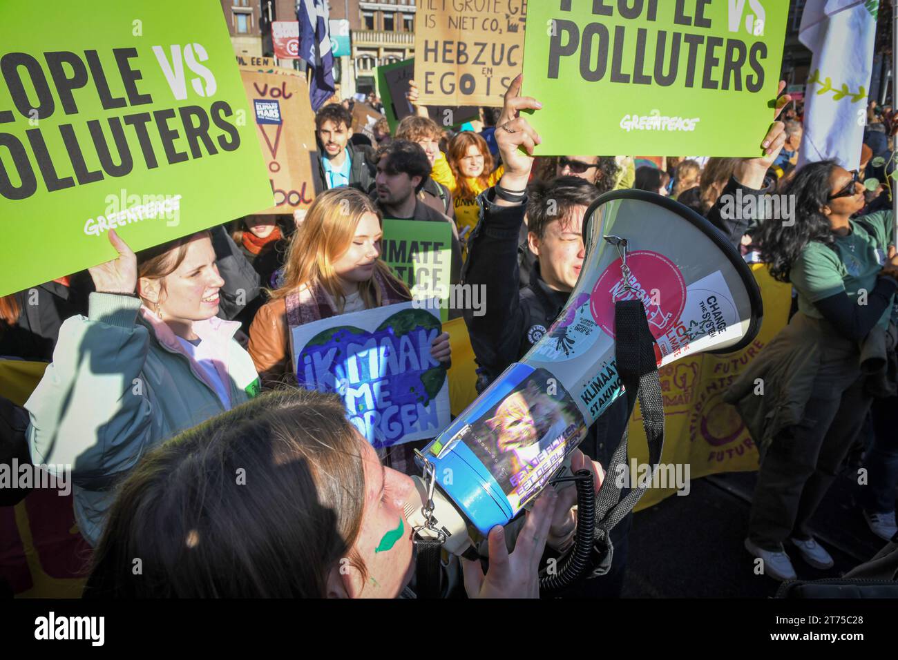 Amsterdam, The, Netherlands. 12th Nov, 2023. More than 80.000 people marched through Amsterdam to protest climate change and other issues.Swedish activist Greta Thunberg was one of the speakers. Stock Photo