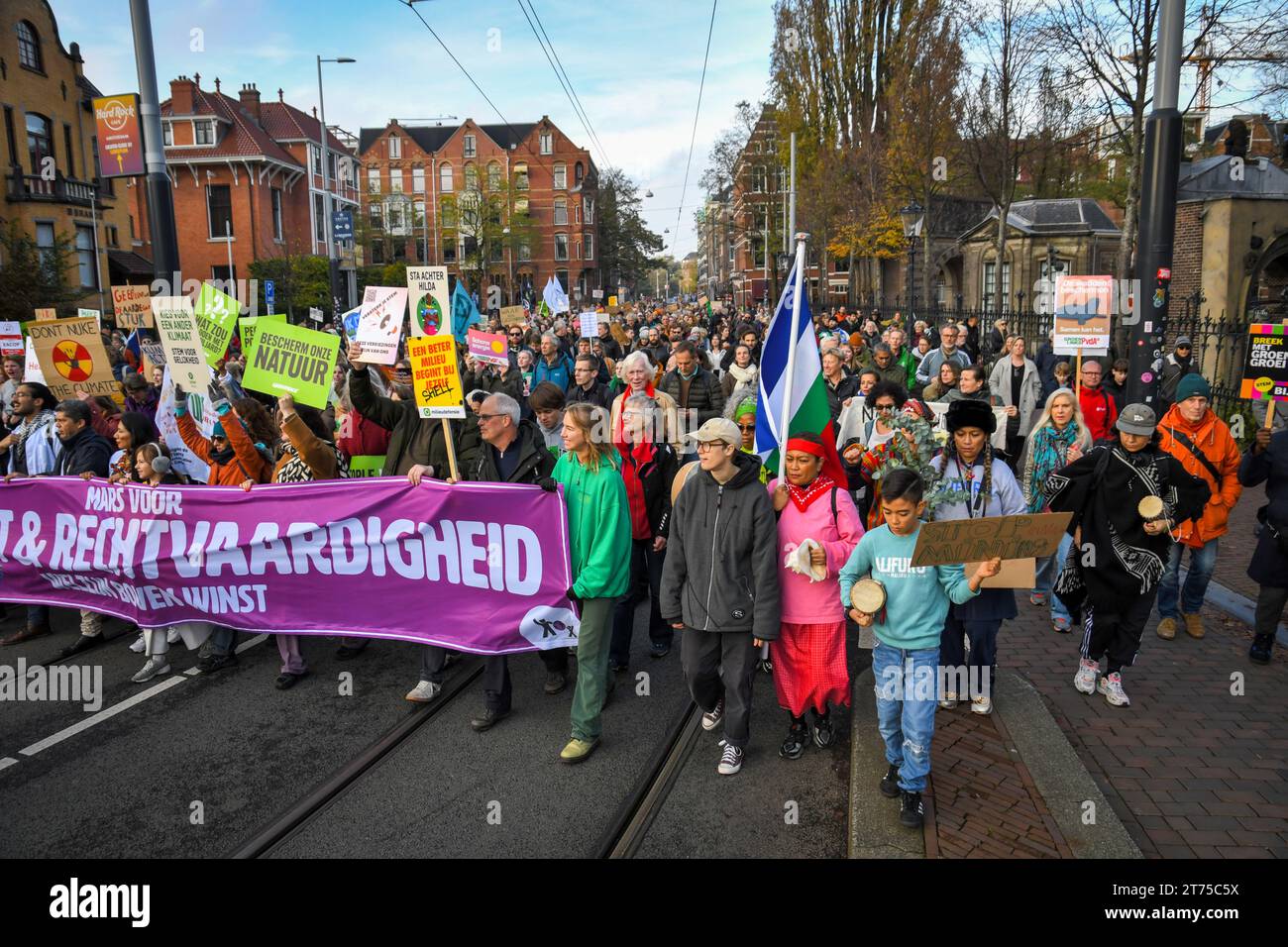 Amsterdam, The, Netherlands. 12th Nov, 2023. More than 80.000 people marched through Amsterdam to protest climate change and other issues.Swedish activist Greta Thunberg was one of the speakers. Stock Photo