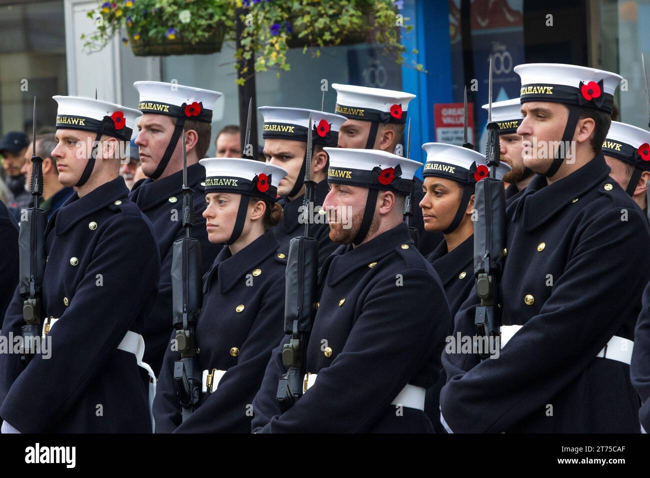 Cornwall remembers the fallen during remembrance Sunday in Truro 2023 with a parade, wreath laying ceremony and salutes to to the  lord lieutenant. Stock Photo