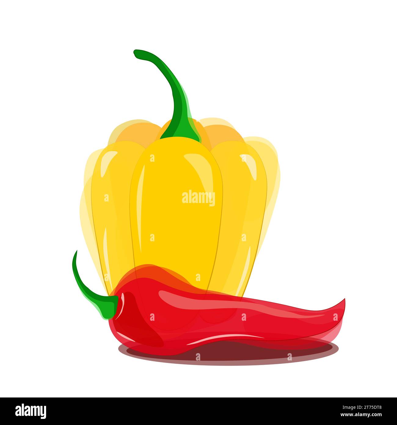 Yellow bell pepper with green tail and lying next to red hot chili pepper with green tail in watercolor style with highlights and shadows. Vector Stock Vector