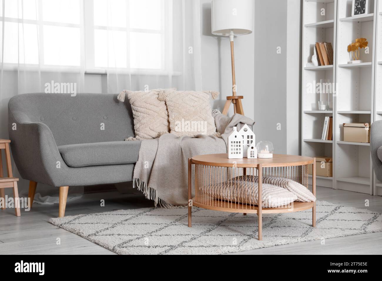 Interior of stylish living room with coffee table and cozy sofa Stock ...