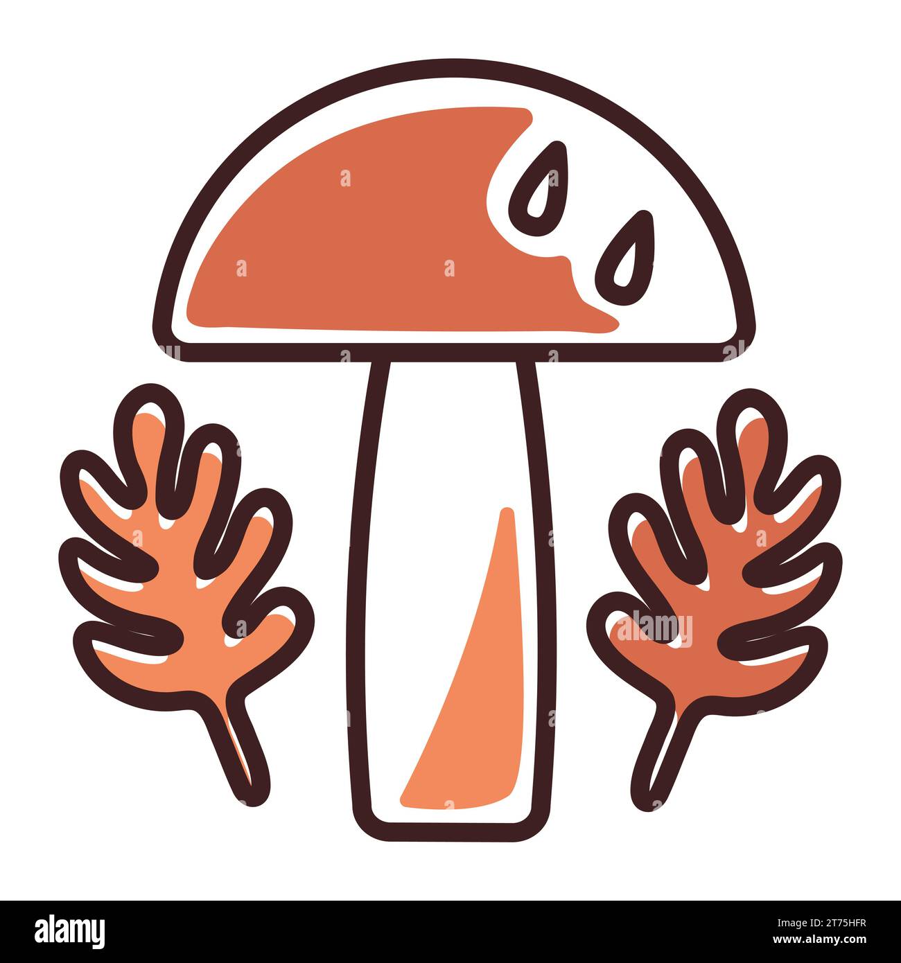 Groovy mushroom and leaves, autumn season icon, fall pictogram in orange colors Stock Vector