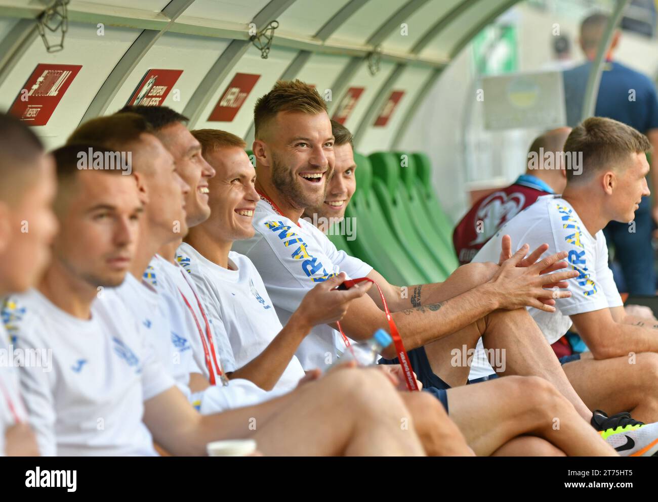 Wroclaw, Poland - September 9, 2023: Ukrainian players (Andriy Yarmolenko in center and other) have fun on a bench during the UEFA EURO 2024 Qualifying game Ukraine v England at Tarczynski Arena Stock Photo