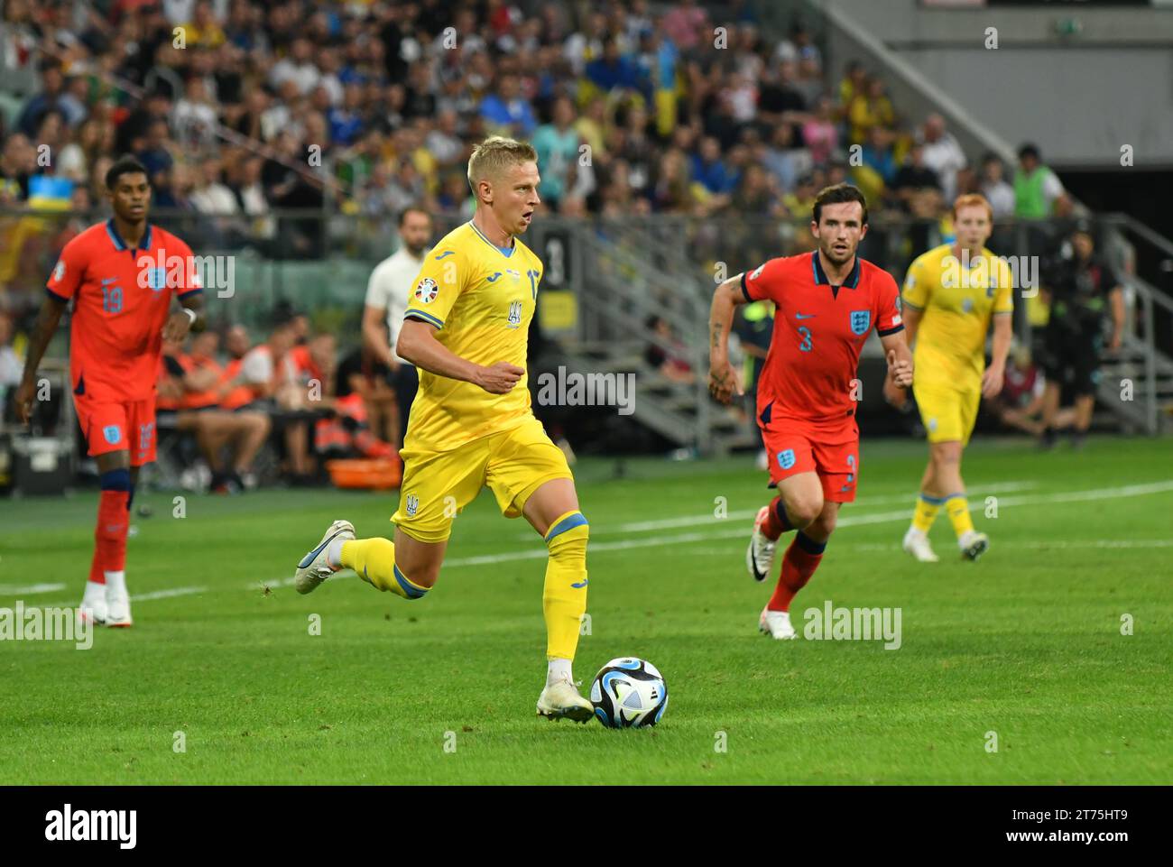 Wroclaw, Poland - September 9, 2023: Oleksandr Zinchenko of Ukraine controls a ball during the UEFA EURO 2024 Qualifying game Ukraine v England at Tarczynski Arena in Wroclaw. Game draw 1-1 Stock Photo