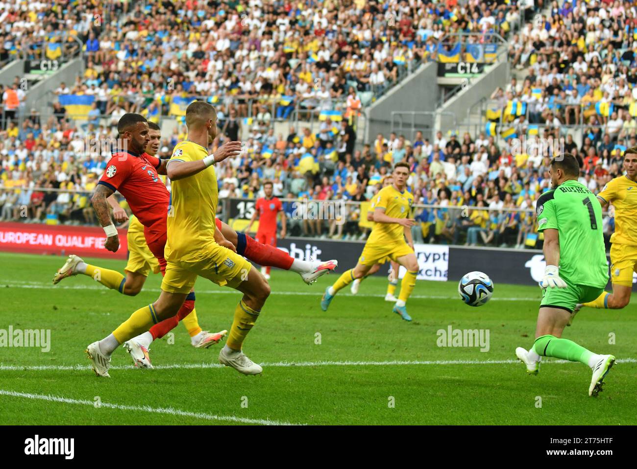 Wroclaw, Poland - September 9, 2023: Kyle Walker of England (in Red) scores a goal during the UEFA EURO 2024 Qualifying game against Ukraine at Tarczynski Arena in Wroclaw. Game draw 1-1 Stock Photo