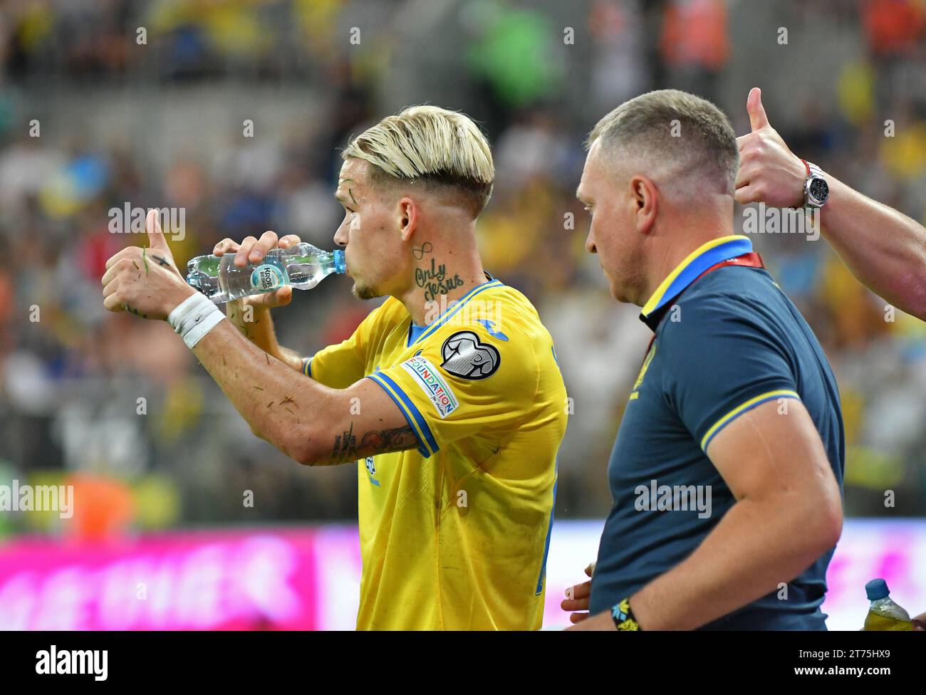 Wroclaw, Poland - September 9, 2023: Mykhailo Mudryk of Ukraine thumbs up during the UEFA EURO 2024 Qualifying game Ukraine v England at Tarczynski Arena in Wroclaw. Game draw 1-1 Stock Photo