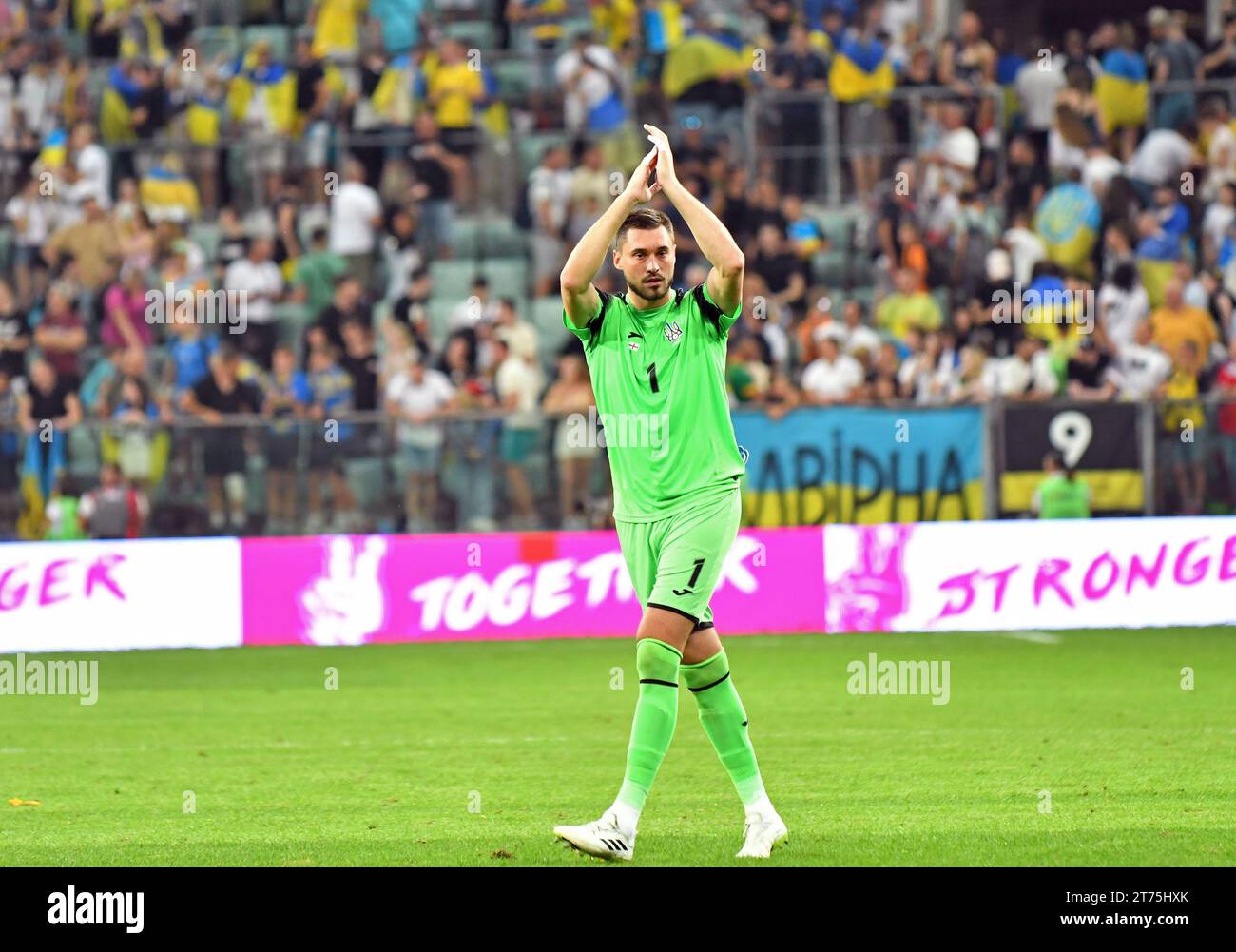 Wroclaw, Poland - September 9, 2023: Goalkeeper Georgiy Bushchan of Ukraine thanks fans after the UEFA EURO 2024 Qualifying game against England at Tarczynski Arena in Wroclaw. Game draw 1-1 Stock Photo