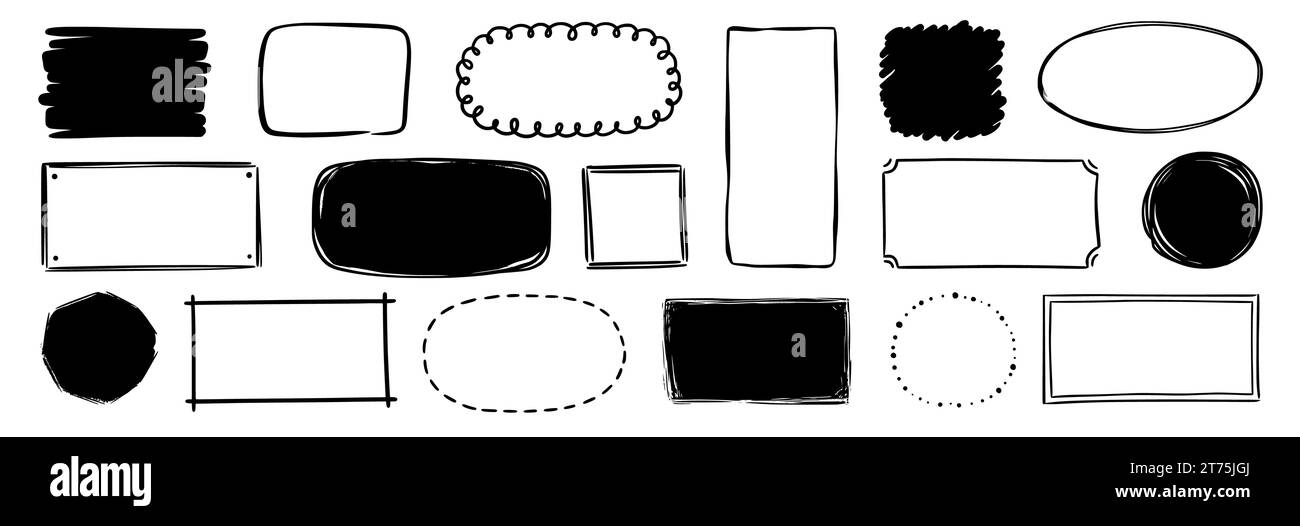 Hand drawn doodle frame set. Box, square, rectangle, circle shape brush