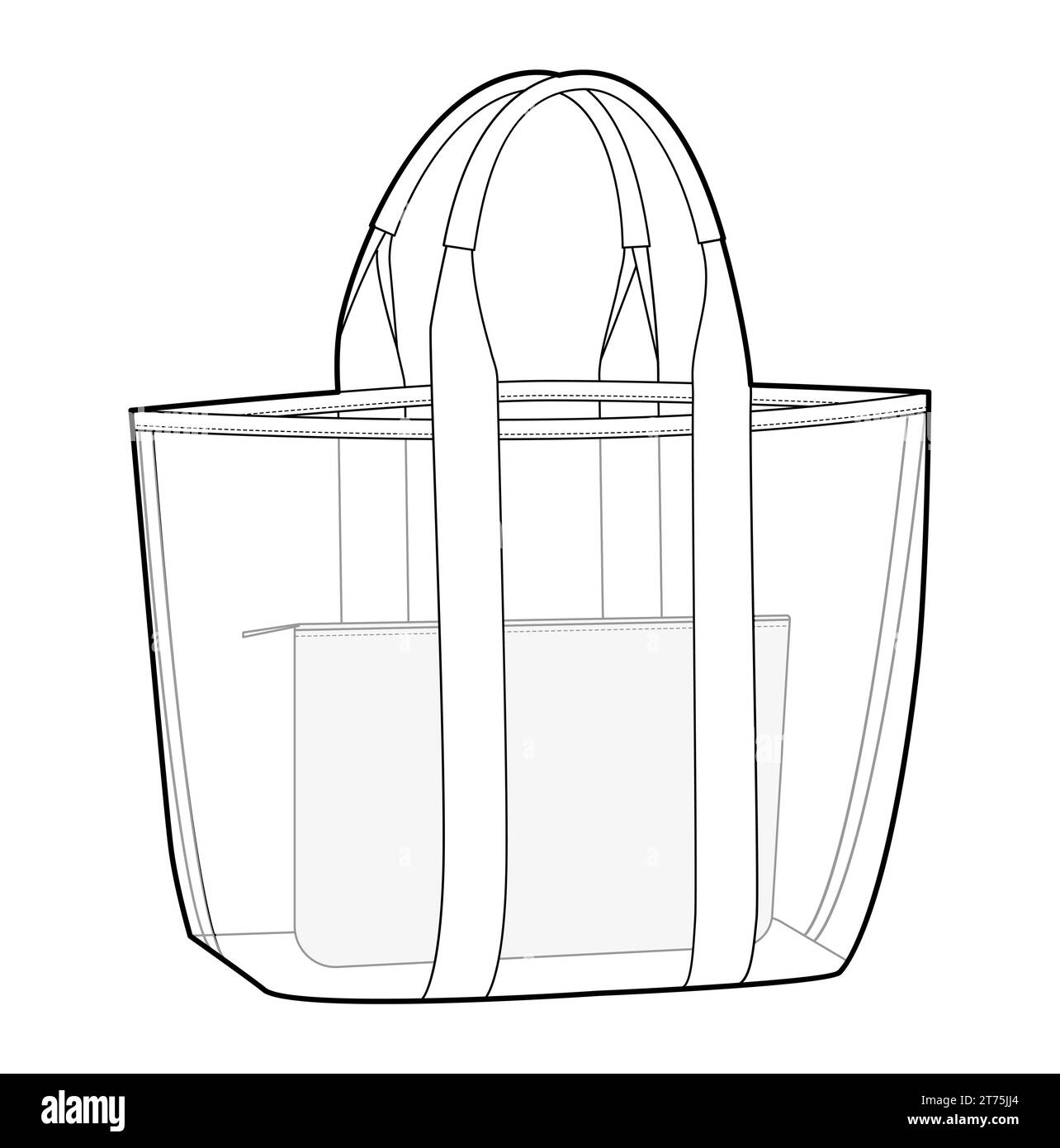 Beach Transparent Pool Tote with inner removable pouch bag. Fashion accessory technical illustration. Vector satchel front 3-4 view for Men, women, unisex style, flat handbag CAD mockup sketch outline Stock Vector