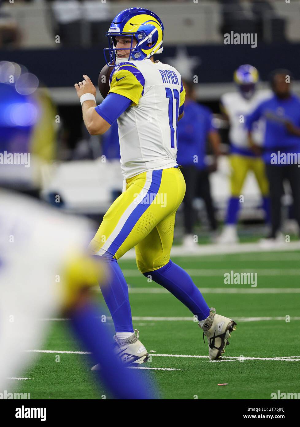 Arlington,TX USA: Los Angeles Rams quarterback Brett Rypien (11) throws a pass during an NFL game against the Dallas Cowboys at AT&T Stadium, Sunday, Stock Photo