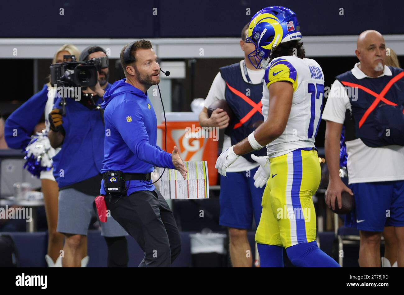 Arlington,TX USA: Los Angeles Rams head coach Sean McVay congratulates wide receiver Puka Nacua (17) during an NFL game against the Dallas Cowboys at Stock Photo